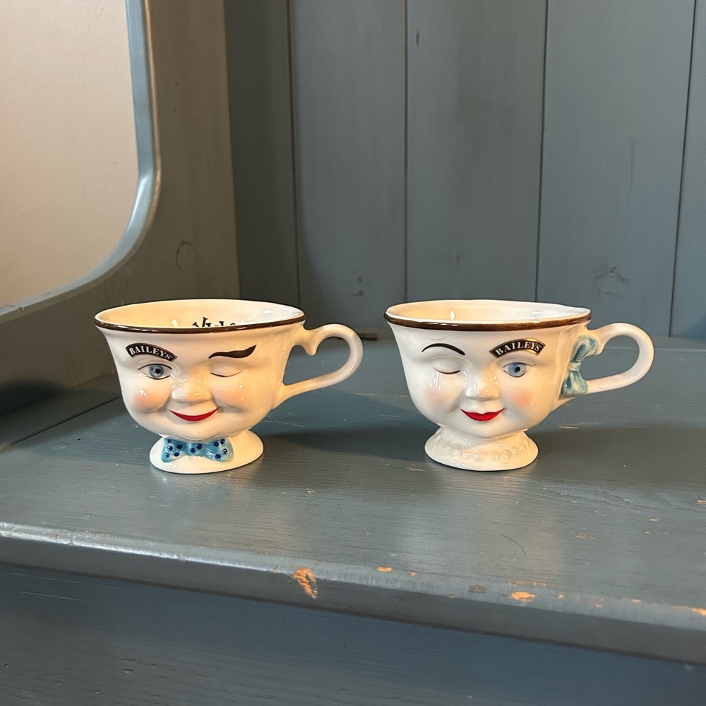 Vintage Baileys Irish Cream YUM Coffee Mugs Mr. & Mrs. Winking Faces (Set of 2)